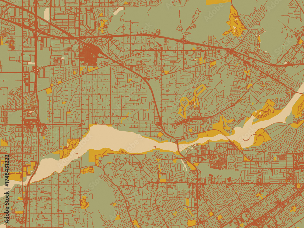Obraz premium Poster-ready flat map of Jurupa Valley, California, earthy sage background with rust roadways and ochre details.