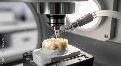 Hightech dental milling machine precisely carves custom dental crown from block material in modern laboratory setting
