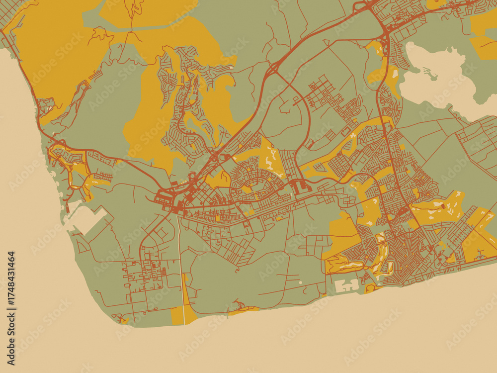 Naklejka premium Vector-style flat map of Kapolei, Hawaii with muted sage base, rust-colored roads, and soft ochre highlights.