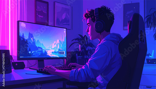 Young gamer enjoying an immersive gaming experience at night . Vibrant purple lighting enhances the gaming setup for this player . A cozy gaming space with a focus on night-time gaming sessions