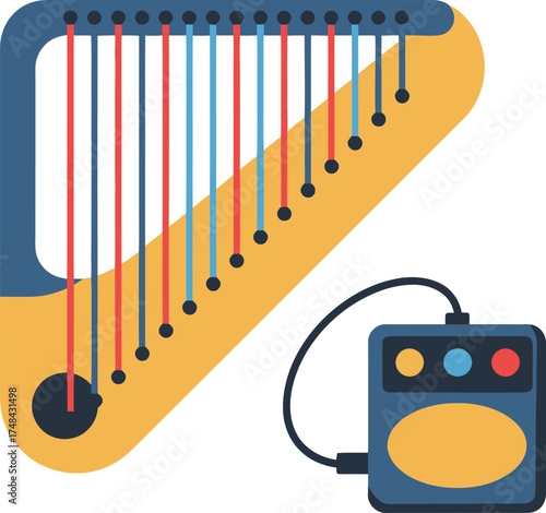 Flat illustration of a harp musical instrument and amplifier box