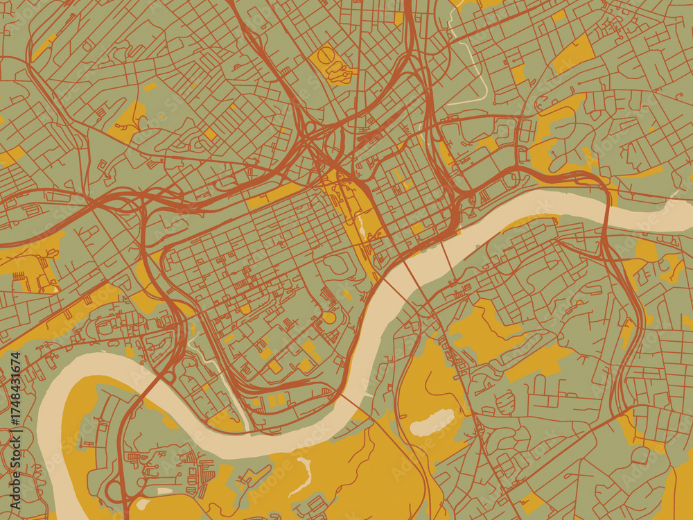 Obraz premium Abstract flat-design map of Knoxville Center, Tennessee, featuring sage green ground with rust-red roads and ochre accents.