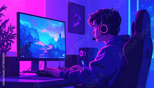 Young man gaming late at night with neon lighting. Playing video games under vibrant neon lights at night. Gaming enthusiast enjoying a late-night session. Young man immersed in gaming