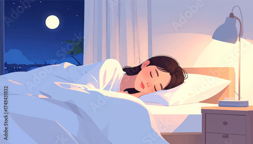 Woman peacefully sleeping under the moonlight at night. Relaxing sleep with soft light in a cozy bedroom. Sweet dreams in a beautifully lit bedroom during night.
