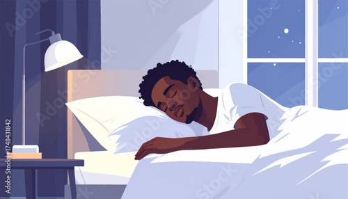 Man sleeping peacefully at night in cozy bedroom. Relaxing sleep under soft lighting in calm room. Peaceful slumber in a serene bedroom at night. man enjoys deep sleep in tranquil bedroom environment