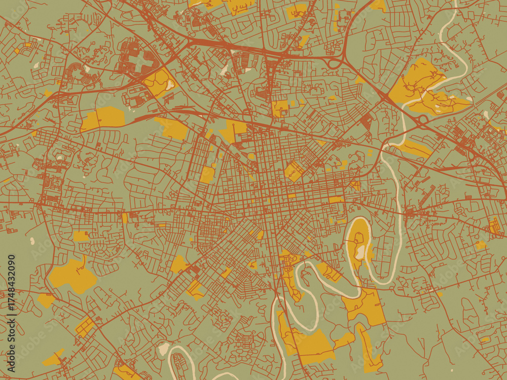 Obraz premium Abstract flat-design map of Lancaster, Pennsylvania, featuring olive backdrop with warm rust street network and ochre blocks.