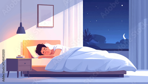 Restful and serene sleep under a starry night in a cozy bedroom. Tranquil night sleep in a modern bedroom with a calming view. Sleeping peacefully at night with soft lighting in a cozy room