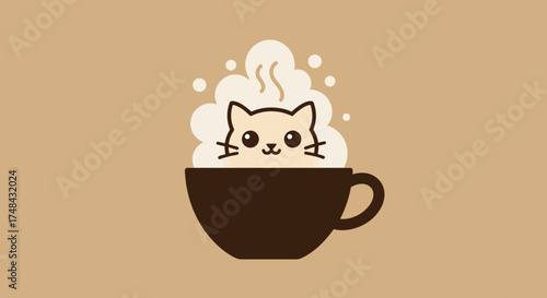 Cartoon Cat in Coffee Cup with Creamy Foam