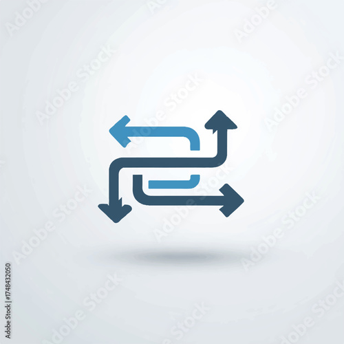 Complex directional flow with stylized arrows representing business process and strategic movement towards multiple targets and possible outcomes in a networked system with clear navigation