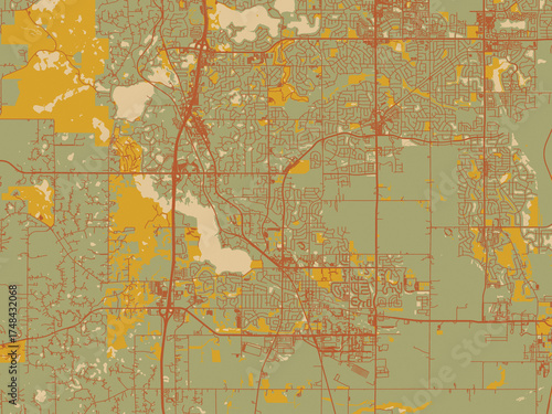 Decorative flat city map of Lakeville, Minnesota using earthy sage background with rust roadways and ochre details.