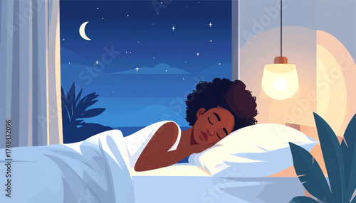 Peaceful sleep under the stars in a cozy bedroom setting. Nighttime rest in a tranquil bedroom filled with calm vibes. A restful sleep in a serene bedroom with a nighttime view.