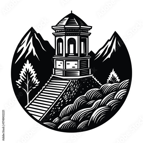 Black and White Landscape Silhouette of a Gazebo on a Hill on White Background