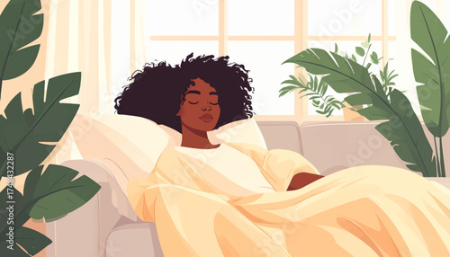 Relaxing moment at home with cozy vibes and natural light. Comfortable rest in a calm, plant-filled living room. Serene sleep in a bright and peaceful indoor space.