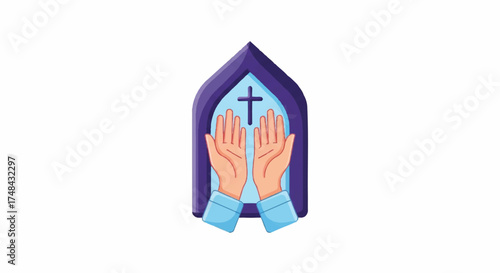 Illustration of praying hands with a cross inside a purple church arch with blue accents.