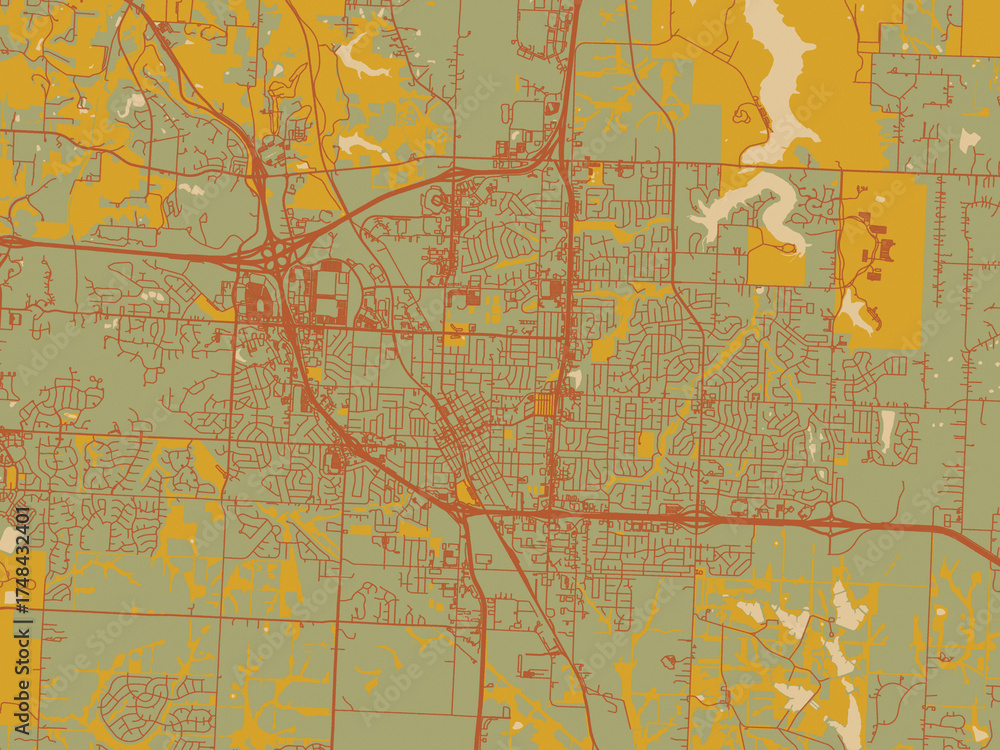 Fototapeta premium Decorative flat city map of Lee's Summit, Missouri using muted sage base, rust-colored roads, and soft ochre highlights.