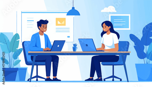 Collaborative work session between business partners. Two professionals engaged in a productive office meeting. Creative teamwork in a contemporary office environment. Business professionals working