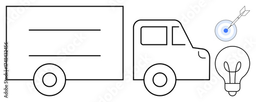 Minimalistic truck design with dart hitting target and lightbulb. Ideal for logistics, delivery, goal setting, innovation, creativity, business strategy, transportation. A simple flat metaphor