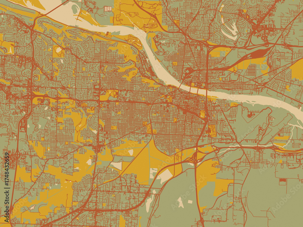 Obraz premium Modern flat map poster of Little Rock, Arkansas in sage green ground with rust-red roads and ochre accents.