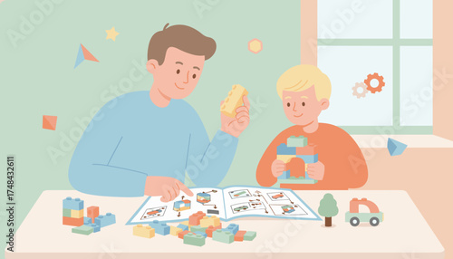 Father and son building with colorful blocks following instructions Creative family fun and learning