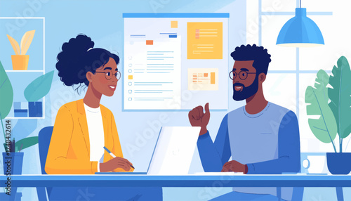 Teamwork discussion in a modern office setting. Creative partners collaborating on a business idea. Focused professionals in a productive workspace. Business meeting between two coworkers in an office