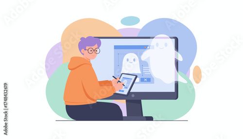 Digital artist illustrating a ghost character on screen with a graphic tablet showcasing creativity