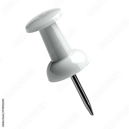 A close-up, studio lit image of a single white pushpin against a black background