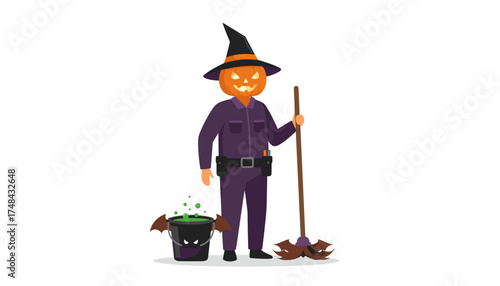 Pumpkinheaded character in witch hat and purple outfit holding a broom with a bubbling cauldron Halloween concept