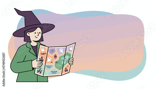 Smiling witch character reading a spooky Halloween map for festive adventure