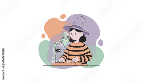 Young witch hosts a spooky Halloween podcast with microphone and audio mixer