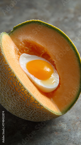 Egg in Cantaloupe Half, Creative Food Fusion Concept, Tropical Fruit and Egg Art