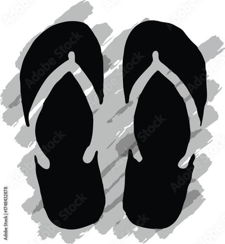 Simple black flip-flop sandals illustration with gray brush stroke background, minimal beach footwear design.