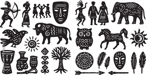 Collection of African tribal art elements including masks, animals, people, and cultural symbols, isolated on transparent background
