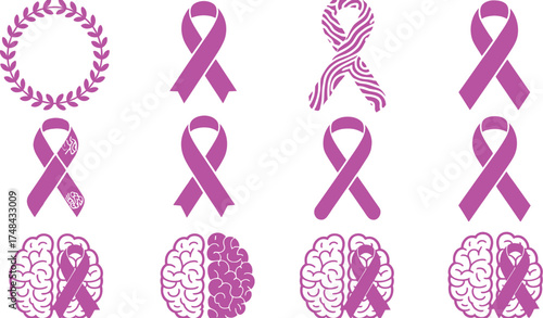 Various purple awareness ribbons and brain illustrations on white back