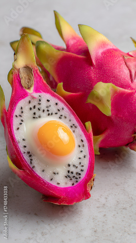 Egg Yolk in Dragon Fruit Half, Creative Food Art Concept, Tropical Fruit and Egg Fusion
