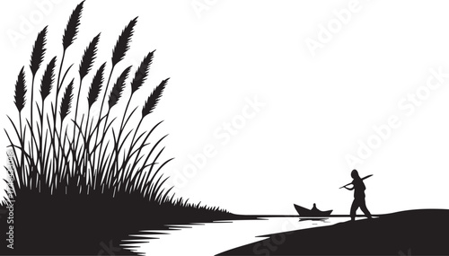 Silhouette of a person with a boat and reeds by a river on a transparent background