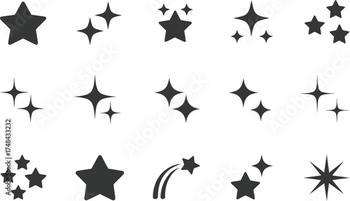 Collection of various star and sparkle icons in black and white color
