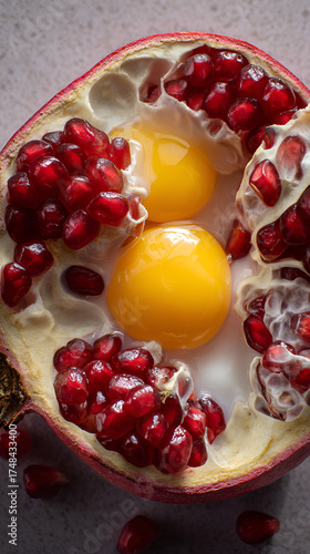 Egg Yolks in Pomegranate Fruit, Creative Food Concept, Healthy Breakfast Fusion