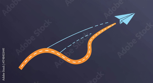 Illustration of an orange road morphing into a paper airplane soaring upwards on a dark background with a creative and inspirational mood.