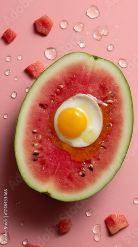Fried Egg in Watermelon Slice, Watermelon and Egg Breakfast Concept, Sunny Side Up in Watermelon