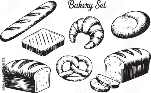 Bakery Set Vector Illustration with Bread and Pastries in Detailed Engraving Style