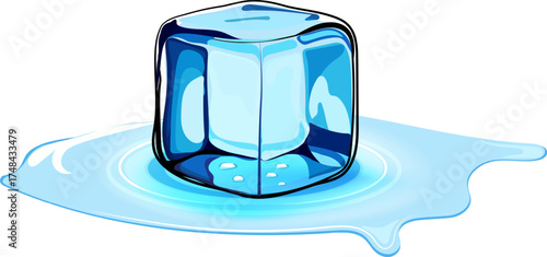 Partially melted blue ice cube with crystal clarity.