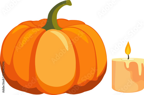 Ripe pumpkin and burning candle still life.