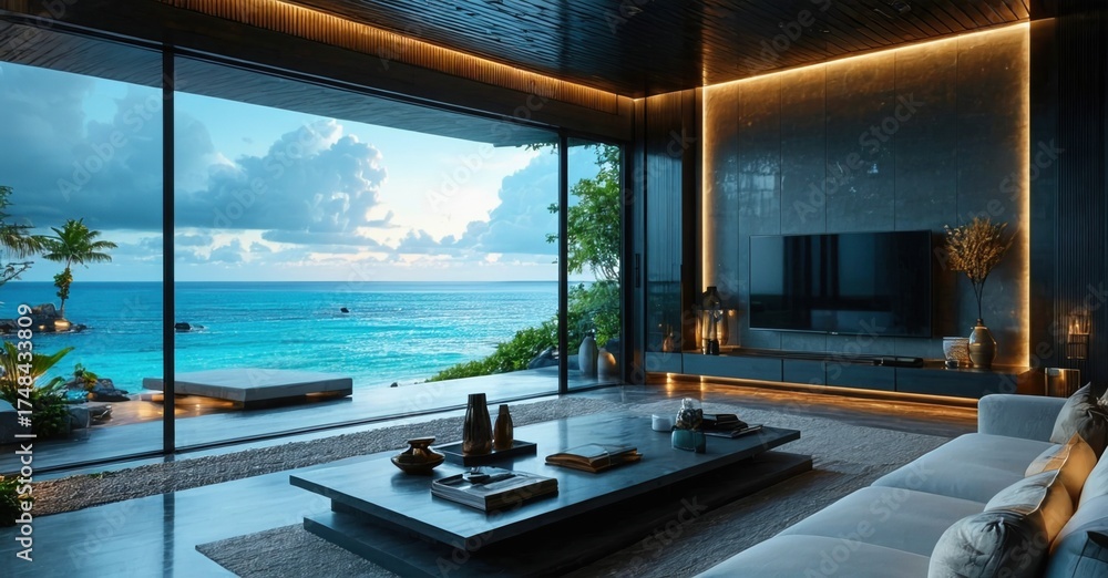 Fototapeta premium Glossy dark panel television off luxury ocean villa with open windows