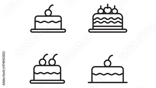 Four simple line art icons of decorated cakes with cherries, perfect for celebration or dessert themes.