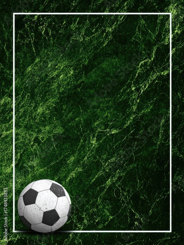 A classic black and white soccer ball rests on a dark green marble background, framed by a simple white border