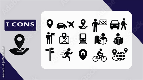 Diverse set of travel and transportation icons for navigation and mobility concepts vector