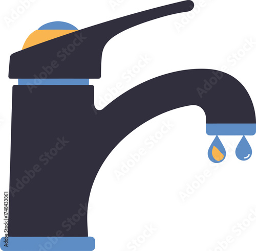Illustration of a black faucet with water drops isolated on white