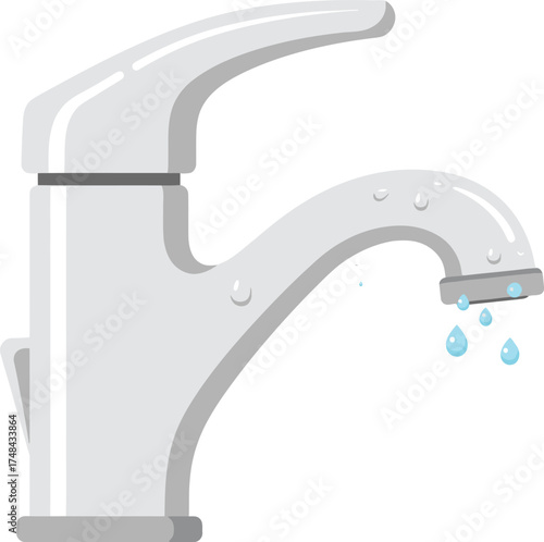 Gray faucet with water droplets illustration on white background