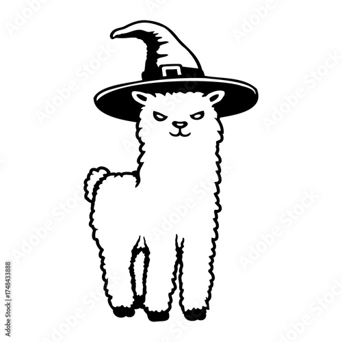 Black White Grumpy Halloween Llama Witch Hat
