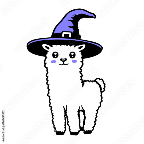 Cute Fluffy Halloween Llama Wearing Purple Witch Hat